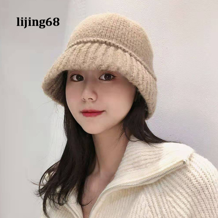 lijing-วินเทจถักอ่างหมวกขนสัตว์สีทึบถังหมวกฤดูใบไม้ร่วงและฤดูหนาวของผู้หญิงชาวประมง