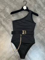 PREPOMP 2022 Summer New Arrivals Sleeveless Single Shoulder Metal Chain Letter Belt Sexy Black Slim Bodysuits Women GF315