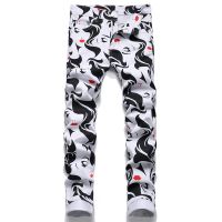 【YD】 Fashion Korean style slim elastic digital print mens foot jeans personality popular mid-waist casual