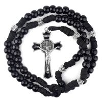 Black Paracord Men Rosaries 12mm Acrylic Beads Cross Necklace for Soldier Catholic Rugged Rosary