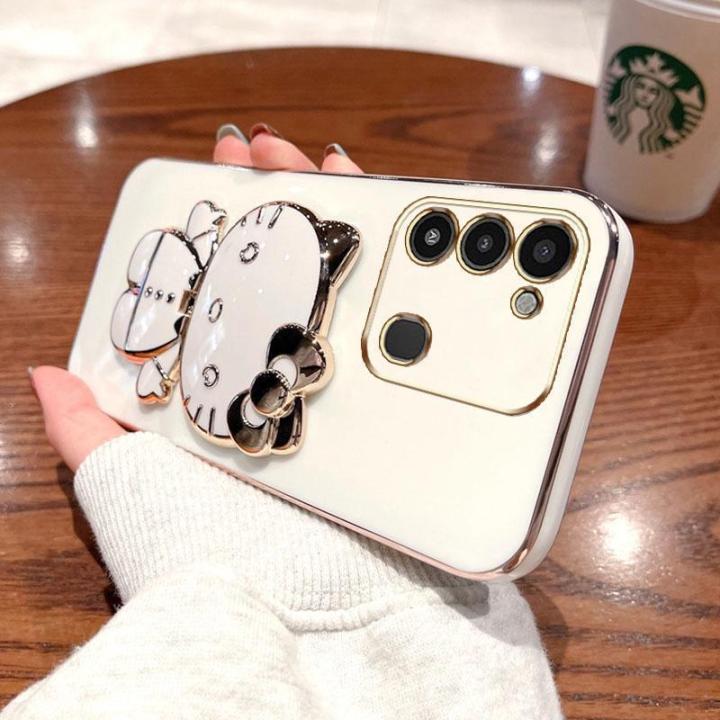 folding-makeup-mirror-phone-case-for-infinix-tecno-spark-go-2022-spark-8c-kg5-kg5j-kg5k-case-fashion-cartoon-cute-cat-multifunctional-bracket-plating-tpu-soft-cover-casing