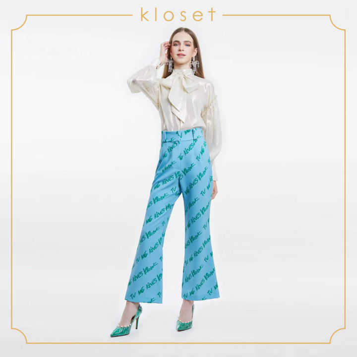kloset-printed-high-waist-trousers-aw19-p013-กางเกงแฟชั่น-กางเกงผ้าพิมพ์-กางเกงเอวสูง