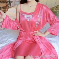 【hot】❖✓  Robe Gown Sets Ice-silk 2pcs Floral Fashion Sleepwear Up Thin Womens Bathrobe Nightwear