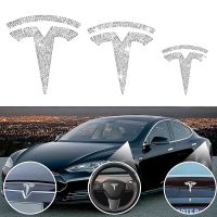 【cw】 Car Steering Logo Stickers Rhinestone Front Rear Decal for Tesla 3 / Y !