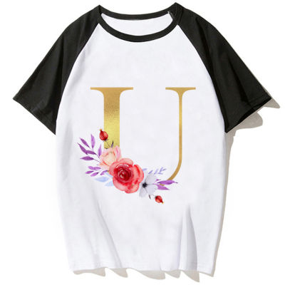 เสื้อยืดพิมพ์ตัวอักษร A-Z สำหรับผู้หญิงเสื้อยืดญี่ปุ่นเสื้อผ้าแนวสตรีท