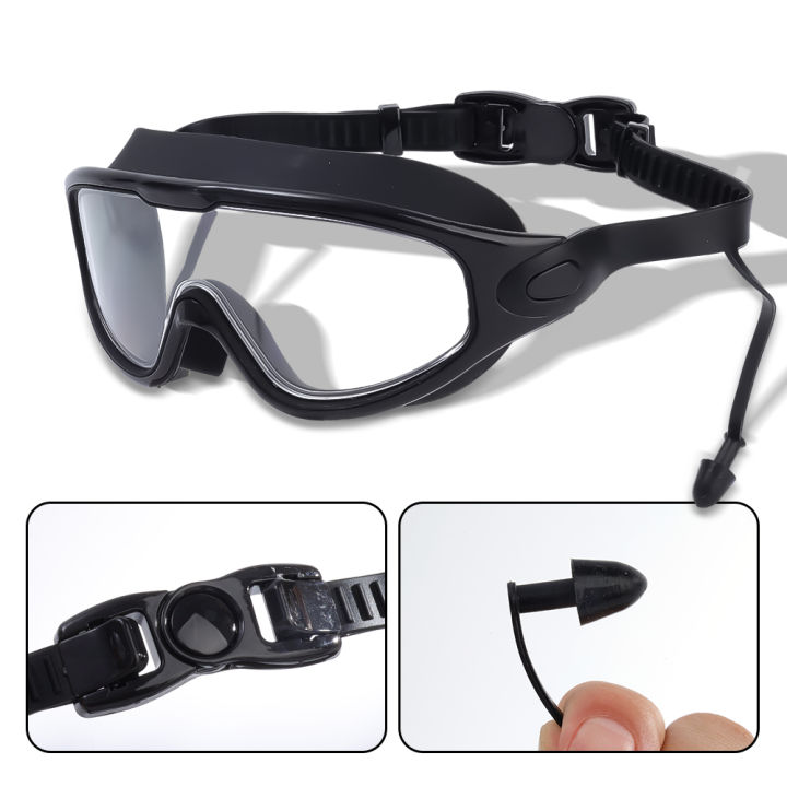 แว่นตากันหมอก-hd-สำหรับทั้งชายและหญิงเฟรมขนาดใหญ่แว่นตากีฬาทางน้ำกันน้ำพร้อมอุปกรณ์เสริมที่อุดหูสำหรับว่ายน้ำ