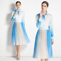 ฤดูร้อนใหม่ฤดูใบไม้ร่วง R Light Blue Gradient Lapel Collar แขนยาว Single-Breasted ผู้หญิง Casual A-Line Tunic Midi Pleated Dress