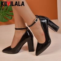 Black 10Cm Super High Heel Pumps Women Shoes Pointed Toe Fashion Crystals Pearl Pendant Pimp Buckle Patent Leather Big Size 50