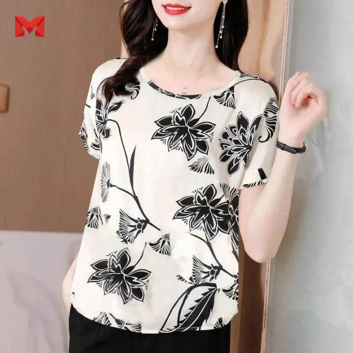 Large Size T-Shirt Women'S Fat Mother Foreign Style Loose Round Neck Top  Bottoming Shirt Fashion Flower | Lazada