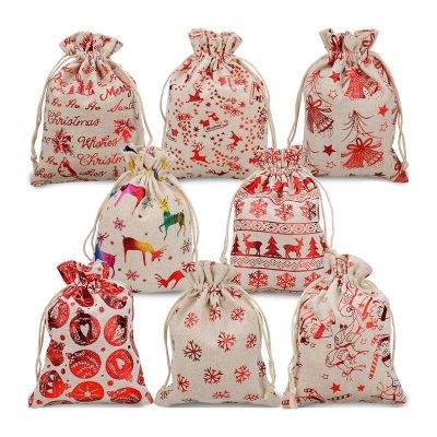 16Pcs Christmas Drawstring Gift Bags Burlap, Gift Pouch Goody Bags for Candy Wrapper Gift Christmas Party Favor Supplies