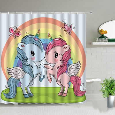 【CW】♙◎  Unicorn Shower Curtain Cartoon Kids Baby Polyester Fabric