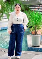 Plus size  กางเกงขายาวสาวอวบพิมพ์ลายแต่งกระเป๋าคู่ รุ่นสมายด์ (M55)