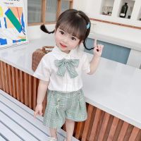 baby girl short sleeve suitชุดเด็กผู้หญิงแขนสั้นขาสั้นกางเกงขาสั้นลายสก๊อตเสื้อหูกระต่ายแฟชั่น6ด1~2~4ปี