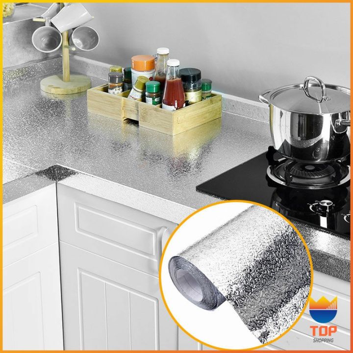 top-ม้วนสติกเกอร์ฟอยล์อลูมิเนียม-กันน้ำมันกระเด็น-ใช้สำหรับติดผนังห้องครัว-มี-2-ขนาด-kitchen-grease-proof-sticker