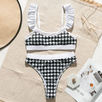 Peachtan High waist swimsuit female Plaid mesh bikini set 2021 Ruffle swimwear women Transparent bathing suit Vintage biquini