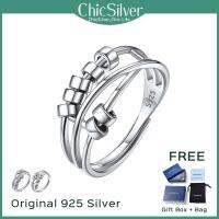 ChicSilver 925เงินสเตอร์ลิงป้องกันความวิตกกังวลแหวนสำหรับผู้หญิงผู้ชายอยู่ไม่สุขปินเนอร์วงแหวนปรับซ้อนปั่นลูกปัดความเครียดบรรเทาแหวน