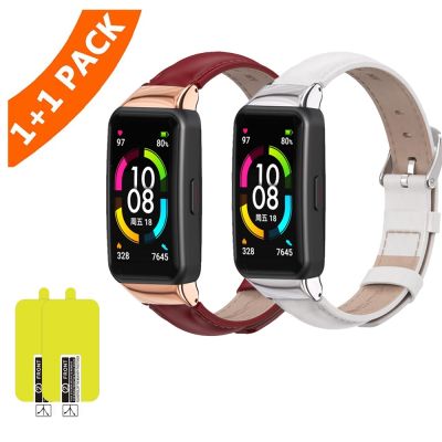 ☌ Pasek z prawdziwej skóry dla Huawei Band 6 7 8 Smart Watch bransoleta dla Honor 6 7 7 na nadgarstek wymienne ochraniacze na ekran