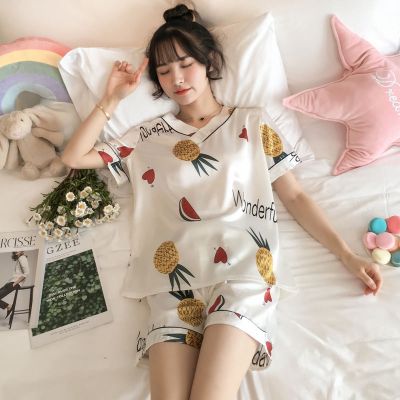 Spot-pyjamas women pajamas women spring and summer imitation silk short-sleeved two-piece suit cute thin ice silk Korean summer home service baju tidur