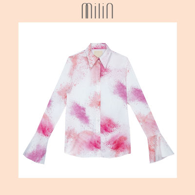 [MILIN] Long sleeves Bell cuffs digital print Silk satin shirt / เสื้อเชื้ตแขนยาวบานผ้าไหมซาตินพิมพ์ลายดิจิตัล สีชมพู Away shirt