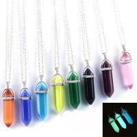 Fashion Natural Stone Crystal Bullets Luminous Pendant Necklace Glow In The Dark Hexagon Pillar Sweater Chain Jewelry for Women Headbands