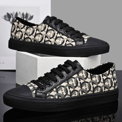 hot【DT】❂✷  New Shoes for Men Fashion Leather Canvas Loafers Street Trend Print Flat Skateboard