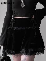 Goth Dark Mall Rok Mini Lipat Velvet Estetika Gotik Pakaian Emo Alt Harajuku Antik Wanita Rok Ruffle Renda Pinggang Tinggi