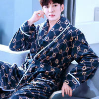 2021 Male Robe Autumn Winter Flannel Warm Soft Sleepwear Men Thicken Bathrobe Lounge Nightgown Oversized Leisure Home Clothes