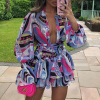 Fandy Lokar V Neck Suits ashion Lantern Sleeve Suit Women Elegant Loose Ruffles Mini Skirts Suits Female Ladies