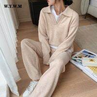 【DT】hot！ WYWM Soft Knitted Sweater Pants Suits Fashion Ladies Sets 2 Pieces V-neck Loose Female