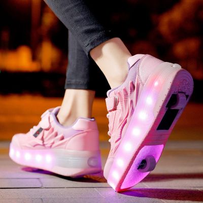 Led Light Rechargeable Kids 2 Wheels Skates Shoes Roller Outdoor Sneaker Detachable Skating Boys Girls 2 Row White Gift Sliding