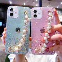 {OLI STUDIO} เคสโทรศัพท์สร้อยข้อมือไข่มุกนิ่มสำหรับ iPhone 11 12 13 14 Pro Max XS X XR 7 8 Plus Mini SE 2020เคสกลิตเตอร์กันกระแทก