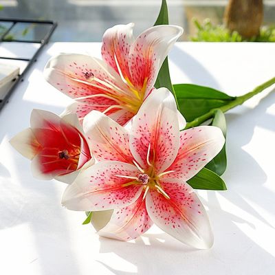 [AYIQ Flower Shop] 3D พิมพ์ลิลลี่สาขาจริงมองดอกไม้ประดิษฐ์สำหรับบ้านตกแต่งงานแต่งงานสีขาวปลอมดอกไม้ตกแต่งสวนฟลอเรส