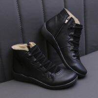 HOT★2023รองเท้าผู้หญิงสายคล้องคอ Lace Up Sepatu Boots Anak Perempuan PU หนัง Femme ฤดูใบไม้ผลิฤดูใบไม้ร่วงรองเท้าบูทข้อเท้า