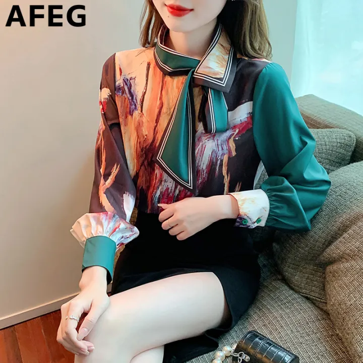 AFEG ใหม่สไตล์เกาหลีลำแสงแฟชั่นหลวมทุกการแข่งขันผ้าไหมซาตินพิมพ์เสื้อ ...