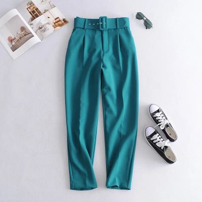 2021BLSQR Autumn Winter Green Suit Pants Woman High Waist Pants Sashes Pockets Office Ladies Pants Fashion Solid Trousers