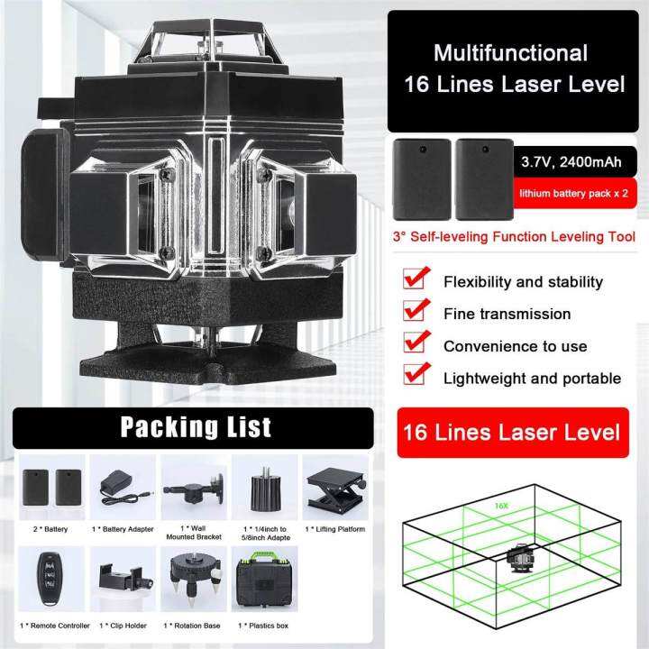 4d-16เส้นเลเซอร์วัดระดับสายสีเขียวการปรับระดับตัวเอง360ในแนวนอนและแนวตั้งระดับเลเซอร์แสงสีเขียวที่เลเซอร์ทรงพลังมาก