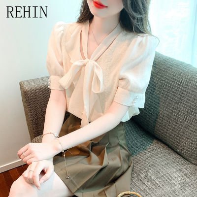 REHIN เสื้อผู้หญิงแขนพองหวานสไตล์ฝรั่งเศส,เสื้อเสื้อผู้หญิงแขนสั้นหูกระต่ายฤดูร้อน