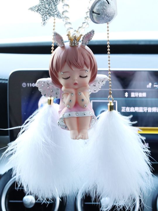 fast-delivery-car-pendant-car-interior-decoration-internet-celebrity-angel-doll-rearview-mirror-pendant-ladies-hanging-jewelry-creative-feather-pendant