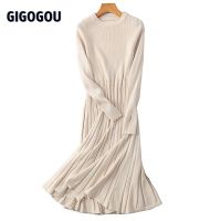 GIGOGOU Long Knit Women Sweater Dress Elegant Thumb Hole A Line Dress Winter Thick Warm Ribbed Christmas Party Midi Dressess