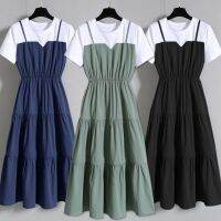 【X&amp;Z】Womens plus Size Fashionable Suspender Fake Two-Piece Dress2021Womens Cinched Slimming Short Sleeves Dress for Chubby Girls