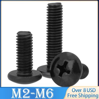 เห็ดมัด M2 M2.5 10ชิ้น M5 M4 M6 TM สกรูแบบฟิลลิปส์เห็ดมัดหัวสกรูสกรูเหล็กคาร์บอนอิเล็กทรอนิกส์ชุบดำ