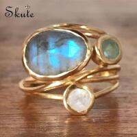 ❤Skute โอปอลแหวน Multicolor มูนสโตนทองข้ามกลวงออกแบบเก๋งบแฟชั่นโบฮีเมียนแหวนสำหรับผู้หญิง