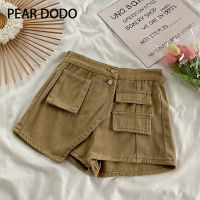 PEAR DODO ชุดเอี๊ยมเอวสูงสำหรับผู้หญิง,ชุดเอี๊ยมปุ่มกดคู่สไตล์เกาหลี Celana Pendek Denim