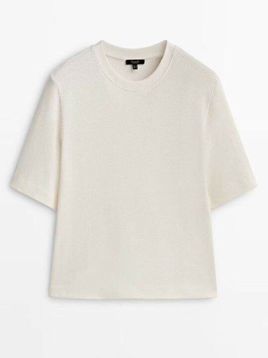 massimo-dutti-2023เสื้อยืดแขนสั้น-ชุดเดรสหน้าร้อนใหม่เสื้อยืดคอกลมสีขาวสวมใส่สบายผ้าฝ้ายสีขาว5นาที