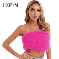 เซ็กซี่ Feather ที่ไม่มีสายหนัง Tank Tops Crop Top ผู้หญิง Y2K Streetwear ฤดูร้อนซิป Fluffy แฟชั่น Camisole ค็อกเทลปาร์ตี้ Clubwear