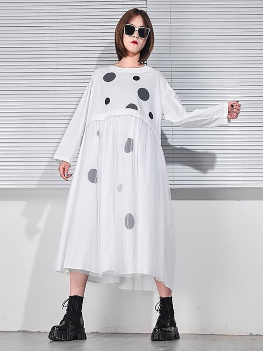 xitao-dress-casual-loose-dot-print-mesh-long-sleeve-dress