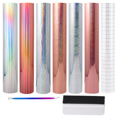 FOSHIO Glitter Vinyl Film Kit PVC Holographic Permanent Adhesive Backed Sheets Car Cup Decal Design Decoration DIY Craft Tools