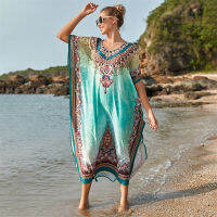 ➦ ขนาดพิเศษเสื้อคลุมบิกินี่-Ups ผู้หญิงฤดูร้อนแห้งเร็วผ้า Boho พิมพ์ Beach Wear ชุดสตรียาวเลยเข่าแบบคัฟตัน