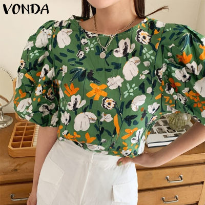 (จัดส่งฟรี)Fancystyle VONDA เสื้อยืดพิมพ์ลายคอกลมลายดอกไม้ชายหาดวันหยุดผู้หญิงเสื้อปลายแขนบานวินเทจโบฮีเมียน