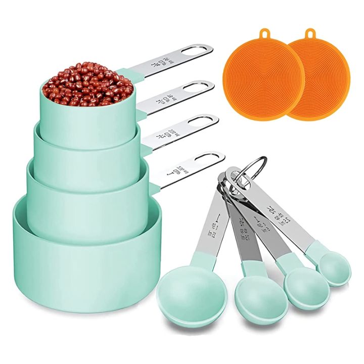 Measuring Cups and Spoons Set of 8 Pieces, Plastic Measure Cups with Stainless Steel Handle, Dishwasher Safe and Stackable Kitchen Tools for Dry and